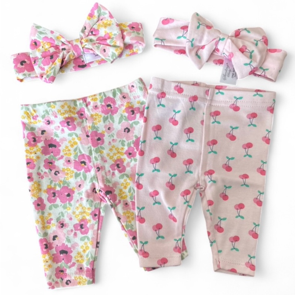Floral and Cherry Print Baby Leggings Set